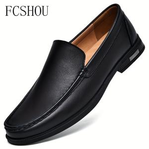TEMU FCSHOU 남성용 슬립온 로퍼 - 정품 가죽 상단, 미끄럼 방지 고무 밑창 및 통기성 PU 안감 - 사무실, 일상 및 캐주얼 착용을 위한 사계절 편안함 (블랙), 세련된 신발 디자인 | 내구성 있는 트랙션화|단화
