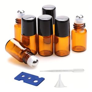 TEMU 에센셜 오일, 향수 바이알을 위한 2ml 앰버 유리 롤온 병 50개, 스테인레스 스틸 롤러 볼, 블랙 캡 미니 샘플 바이알 화장품 소용량 용기, 1개 오프너, 1개 드로퍼, 1개 튜브 - 여행 용품