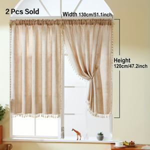 TEMU 2개 Boho Chic 단색 태슬 짧은 커튼 - 커피 브라운, 리넨 로드 포켓 드레이프, 거실, 침실, 주방용 - 빛을 통과시키는 홈 데코