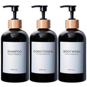 TEMU GAONLY 샤워 비누 디스펜서 세트 3개, 16.9oz 플라스틱 샴푸 및 컨디셔너 병 라벨 포함, 쉬운 리필 바디 워시 욕실 장식용 블랙 & 화이트 플라스틱 병 대나무 펌프 할로윈 크리스마스 선물