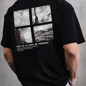 TEMU 남성용 반고흐 별빛 그래픽 티셔츠, 폴리에스테르 혼방, 캐주얼 크루넥 티, 정상 핏 니트 재질 상의, 약간의 스트레치, 영감을 주는 문구, 봄 여름 패션용