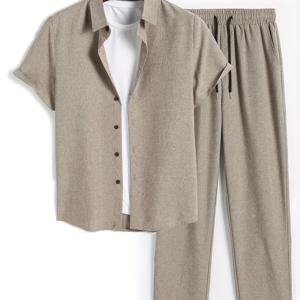 TEMU 남성 캐주얼 봄/여름 2pcs 반팔 셔츠 및 바지 세트 - 베이지, 단색, 드로스트링 허리, 정상 핏, 가벼운 원단으로 편안함, 캐주얼 의상|베이지 캐주얼웨어|가벼운 원단|냉장고바지|남자셔츠|남자옷
