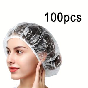 TEMU 100개 투명 플라스틱 샤워 캡 - 살롱, 스파, 가정 및 호텔 사용을 위한 고품질 여행용 헤어 보호 - 위생적 일회용 헤어 케어 필수품 (100개입), 보조 샤워 캡 | 투명 디자인 | 안전한 탄성 밴드, 샤워 액세서리