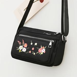 TEMU 라벤더 드림, 시크한 자수 꽃무늬 나일론 크로스바디 백 - 가벼운, 다층 캐주얼 숄더 퍼스 조절 가능한 스트랩, 지퍼 클로저 - 보라색, 빨간색, 파란색, 검정색으로 구매 가능