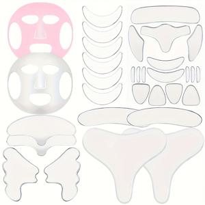 TEMU 32개 재사용 가능한 실리콘 얼굴 & 몸 패드 - 이마, 뺨, 눈, 입, 목, 가슴용 스무딩 젤 패치 - 얼굴 마스크 커버 2개, 목 패드 2개, 주름 감소 및 근육 이완을 위한 26개의 얼굴 패드 포함