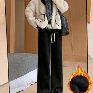 TEMU 여성용 폴리에스테르 와이드 레그 스웨트 팬츠 - 캐주얼 우아한 스트레치 니트 소재 스웨트 팬츠, 단색 컬러, 편안한 라이닝, 신축성있는 끈끈 클로저, 가을/겨울 시즌에 적합 - 세련되고 매력적인 디자인