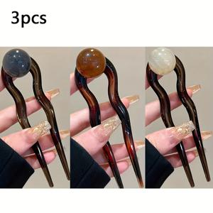 TEMU 코코넛 젤리 비즈가 달린 빈티지 U자형 헤어핀 3개 세트 - 여성용 우아한 아크릴 헤어 액세서리, 다양한 색상의 업도 스타일링 도구 (앰버, 블랙, 그린, 화이트), 우아한 헤어 스타일링 | 헤어핀 | 아크릴 헤어핀, 헤어 스타일리스트 용품