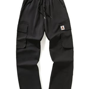 TEMU 1pc 남성 캐주얼 레그 카고 팬츠 - 블랙, 루즈핏, 스트레치되지 않은 원단, 여러 포켓, 드로스트링 허리, 올 시즌 편안함, 느슨한 핏 팬츠 | 캐주얼 스타일 팬츠 | 여러 포켓 팬츠