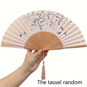TEMU 빈티지 중국/일본 스타일 수제 대나무 접이식 손잡이 부채, 술 장식, 우아한 여성 선물, 웨딩 파티 선물, 전통 휴대용 부채