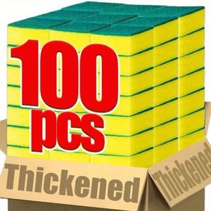 TEMU 100개 두꺼운 주방 세척 스펀지 - 부드럽고 흡수력 좋으며 내구성 있는 냄비, 녹 제거 및 가정용 청소용 스크러빙 패드 (노란색, 녹색 가장자리)