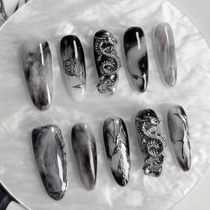 TEMU 10pcs 손수 제작된 고급 드래곤 착용 가능한 네일, 아몬드 모양 그라데이션 꽃 디자인, 분리 가능한 블랙 및 그레이 시리즈, 진주 빛 마감, 중간 길이, 세련된 모양을 위한 네일, 네일 아트 액세서리