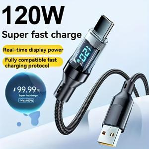 TEMU 120W 초고속 충전 USB A-타입C 케이블, LED 디지털 디스플레이 포함, 매트 표면, 데이터 동기화, USB 전원 공급, 6A 고전류, 아이폰 15/16, 샤오미, 포코 호환
