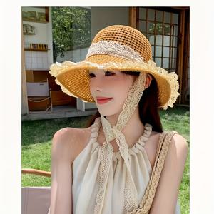 TEMU [] 일본식 달콤한 레이스 업 스트로우 선 하트 - 와이드 브림, 통기성 및 여름 해변 모자, 세련된 레이스 디테일링, 폴리에스테르 소재, 야외 활동에 완벽합니다.|벙거지모자|여름모자