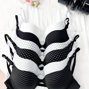 TEMU 6pcs 우아한 검은색과 흰색 포기 도트 브라 세트, 리본 액센트 포함 - U형 스트랩리스 푸시업 스타일, 성인 여성에게 완벽한 편안한 언더와이어 브라, 성인 여성용 브라 세트 | 리본 액센트 브라 | 언더와이어 브라