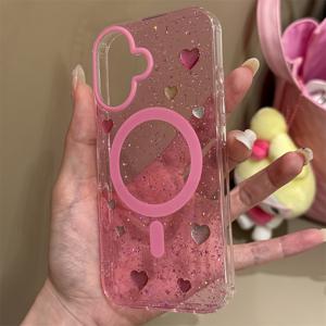 TEMU 아이폰 16 15 14 13 프로 맥스용 스타일리시 시퀸 러브 하트 매그네틱 무선 충전 투명 케이스, 럭셔리 글리터 커버