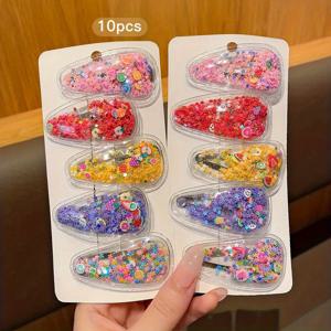 TEMU 10pcs 밝은 꿀 딸기 PVC 버블 헤어 핀 - 아름다운 모래 예술 과일 및 꽃 디자인, 투명한 반짝이는 장식, 일상 및 캐주얼 착용에 적합, 청소년 패션 액세서리 | 밝은 헤어 액세서리 | 내구성 있는 헤어핀