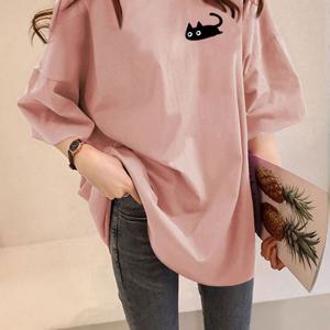 TEMU 1XL-5XL 오버사이즈 한국 스타일 크롭탑 티셔츠, 귀여운 검은 고양이 그래픽 - 여성 및 남성용 하이 스트레치 폴리에스터 혼방 라운드넥 반팔 여름 캐주얼 티, 세탁기 사용 가능, 다용도 레저웨어, 비침 방지 소재|크롭티