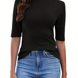 TEMU 여성용 하이넥 반팔 터틀넥 티셔츠 - 슬림핏 캐주얼 탑, 솔리드 블랙, 봄/가을 레이어링 가능, 기계 세탁 가능, 다재다능한 패션 상의, 신축성 원단