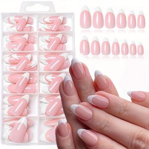 TEMU 240pcs 짧은 아몬드 프랑스 팁 네일 팁, 누드 핑크 및 흰색, 6pcs 젤 쿠션 및 6pcs 미니 네일 파일 포함 - 전문 네일 살롱 및 DIY 가정용으로 적합 | 신부 네일 | 웨딩 네일