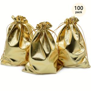 TEMU 100개의 골든 드로스트링 선물 가방 - 결혼식, 파티, 크리스마스, 캔디, 초콜릿 및 수제 비누 용 다용도 보석 파우치, 우아한 선물 가방.