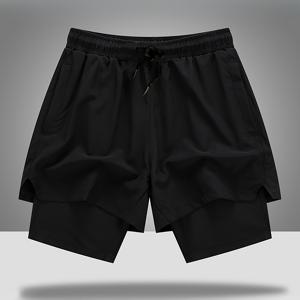 TEMU 남성용 경량 빠른 건조 운동용 러닝 쇼츠 - 이중 레이어, 지퍼 포켓, 끈 조절 가능한 신축성 허리밴드, 체육관, 훈련 및 여름 스포츠용 통기성 폴리에스터, 체육관복 | 캐주얼 스타일 | 가벼운 원단