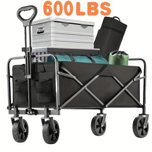 TEMU 600파운드 용량의 헤비듀티 접이식 왜건, 전천후 바퀴와 사이드 포켓, 대용량 수납 공간이 있는 휴대용 야외 트롤리 - 캠핑, 정원 가꾸기, 스포츠, 쇼핑, 야외 카트 및 피크닉에 이상적