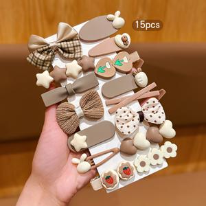 TEMU 15pcs 시크한 커피 브라운 보우 헤어 클립 - 매일 사용하기에 귀여운 및 다용도 헤어 액세서리, 우아한 보우, 꽃, 및 기하학적 디자인을 특징으로 다양한 스타일의 혼합
