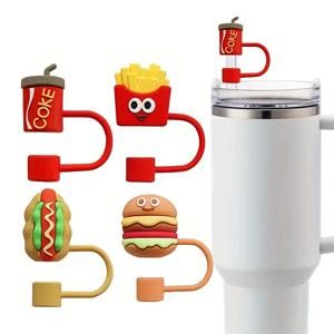 TEMU 4pcs 실리콘 3D 버거 & 고급 스트로우 캡, 표준 스트로우용 재사용 가능한 먼지 커버, 재미있는 및 기능적인 음료 액세서리, 스포츠 물병에 이상적, 30oz 및 40oz에 적합 - 귀여운 스트로우 탑퍼|재미있는 스트로우 장식|내구성 있는 스트로우 커버
