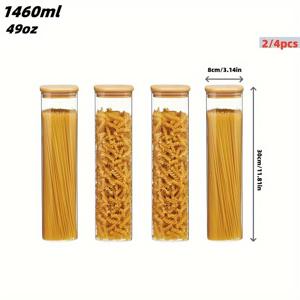 TEMU 2/4개, 1460ml/49oz, 사각 보로실리케이트 유리 용기, 사탕 용기, 비스킷 용기, 대나무 뚜껑이 있는 유리 보관 용기 - 49oz 투명 유리 대량 식품 보관 용기, 양념 용기, 조미료 용기, 차, 커피, 양념, 사탕, 비스킷, 곡물, 오트밀 공급용