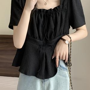 TEMU 여성을 위한 프랑스 스타일의 사각 넥 러플 반팔 티셔츠, 여름 블랙 베이스 탑으로 몸매를 부러지게 하고 배를 가리게 합니다.