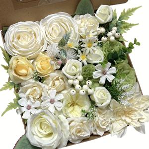 TEMU 인공 꽃꽂이 박스 세트, 혼합 꽃 포함, DIY 수제 웨딩 부케, 테이블 센터피스, 파티 장식, 케이크 장식, 아기 선물, 가정 장식용.