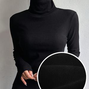 TEMU 여성용 우아한 하이넥 터틀넥 티셔츠 - 신축성 폴리에스터, 단색 블랙, 가을 겨울용 레귤러 핏 긴팔 탑, 세탁기 사용 가능 & 다용도 레이어링 필수품