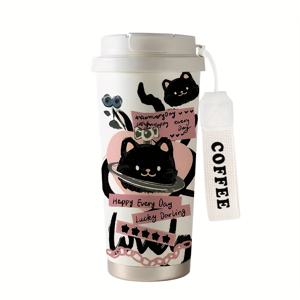 TEMU 1개 530ml 검은 고양이 단열 스테인리스 커피 컵 스트로우 포함 - 귀여운 우주 테마 디자인, 뜨거운 & 차가운 음료에 완벽, 집, 사무실, 야외 사용에 이상적인 선물, 휴대용 커피 컵|유행하는 음료용기|내구성 있는 커피 머그, 커피 바 액세서리