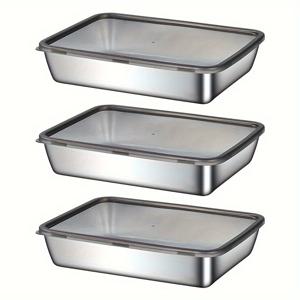 TEMU 3pcs 두꺼운 스테인레스 스틸 식품 보관용기 - 누출 방지, 재사용 가능, 쌓을 수 있음 - 내구성 있는 밀폐형 주방 과일, 고기, 야채 보관용기 - 청소 용이, 현대적인 디자인, 레스토랑, 냉장고, 냉동식품용으로 좋음