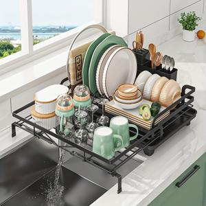 TEMU 주방 카운터용 공간 절약형 접이식 접시 건조기 - 금속 접시 선반, 배수판, 접시 및 컵 홀더가 있는 정리함, 현대적인 주방 설정에 이상적, 주방 정리 | 현대적인 주방 설정 | 내구성 있는 주방 용품