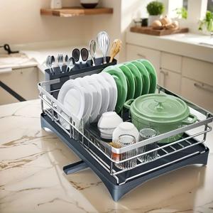 TEMU 1pc 304 스테인리스 스틸 대용량 주방 접시 선반, 배수판 및 파이프, 접시, 그릇, 젓가락, 내구성 및 청소가 쉬운 다기능 카운터탑 보관 정리기, 주방 정리기 | 세련된 접시 선반 | 내구성 있는 주방 용품, 접시 건조 선반|식기건조대|식기건조기