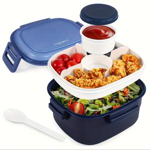 TEMU Caperci 55oz BPA 프리 샐러드 런치 박스, 4칸 구획, 소스 용기 및 재사용 가능한 스포크 포함 - 전자레인지 사용 가능, 학교, 사무실, 캠핑용 라운드 형태
