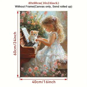 TEMU 1pc 캔버스 벽 미술 포스터, 작은 소녀가 백색 드레스로 피아노를 치는 고양이와 함께, 프레임 없는 현대 미술 장식, 거실, 공부실, 어린이 방, 침실, 가정 사무실