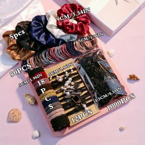 TEMU 1085pcs 헤어 스타일링 액세서리 키트 신축성있는 헤어 넥타이 대장 헤어 루프 유행 비 슬립 포니 테일 거치대 여성 및 일일 사용