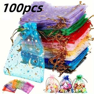 TEMU 100개 달 & 별 오간자 끈 가방 - 보석, 선물, 사탕용 혼합 색상 | 결혼식, , 크리스마스, 어머니날, 이드 & 라마단에 완벽함