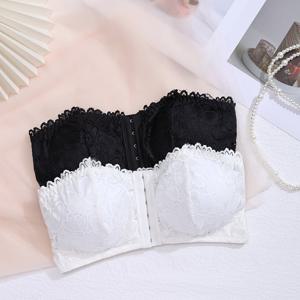 TEMU 2pcs 우아한 레이스 스트랩리스 브라, 앞쪽 클로저 - 블랙 & 화이트, 분리 가능한 패드, 편안한 핏을 위한 무선 디자인