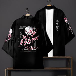 TEMU 남성용 블랙 벚꽃 키모노 가디건 - 3/4 소매, 오픈 프론트, 꽃무늬, 가벼운 폴리에스터, 캐주얼 스타일, 세탁기 사용 가능, 봄, 여름, 가을, 겨울용 패션 로브, 계절 패션 로브 | 오픈 프론트 키모노 | 광택 있는 질감