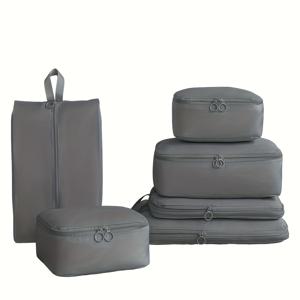TEMU 6pcs 압축 패킹 큐브 세트, 신발 가방 포함, 폴리에스테르 여행 정리 가방, 공간 절약형 수하물 정리, 캐주얼 스타일, 오발 모양, 의류 패킹 액세서리, 지퍼 클로저, 엣지 페인트 없음, 손세탁 - 블랙, 베이지, 핑크, 그레이, 블루