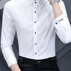 TEMU 남성용 우아한 자수 드레스 셔츠 - 블랙, 긴 소매, 독특한 자수 버튼업, 봄 & 가을에 완벽, 정장 또는 반정장 착용, 가을 패션 탑 | 우아한 남성 셔츠 | 폴리에스터 혼방 셔츠