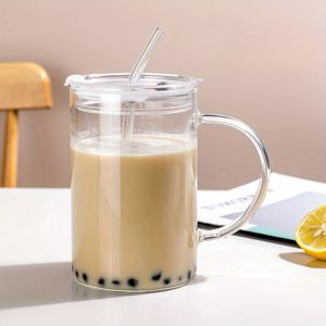 TEMU 1pc 1000ml 대용량 유리 컵, 손잡이, 뚜껑 및 빨대 - 과일 차, 스무디 및 차가운 음료에 적합, 재사용 가능, 기계 세척 가능, 음료 용기 | 현대적인 컵 디자인 | 내구성 있는 유리