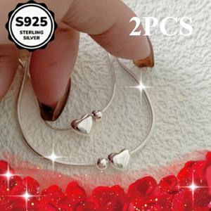 TEMU 하트 펜던트가 달린 우아한 925 순은 팔찌 2개 세트, 심플하고 패셔너블한 주얼리, 결혼식, 생일, 새해, 발렌타인데이, 어머니날, 크리스마스 선물로 완벽함