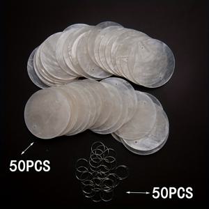 TEMU 100개 쉘 웨퍼 50mm 이중 구멍 거울 쉘 원료 소프트 쉘 DIY 조명 바람 종소리 액세서리 연결 링이 있는 투명 시트, DIY 수제 바람 종소리 부품 크리스마스 웨딩 장식 선물