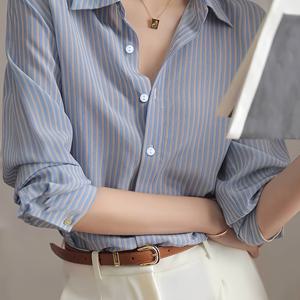 TEMU 여성용 연한 파란색 세로 줄무늬 칼라 셔츠 - 우아한 프렌치 스타일 긴팔 버튼업 블라우스, 봄/여름 캐주얼 및 정장용 기계세탁 가능 레귤러 핏, 비침 방지 원단, 여성용 블라우스