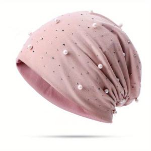 TEMU 가짜 진주 장식 비니 솔리드 컬러 탄성 해골 모자 여성 Slouchy 헐렁한 모자 Soft Beanies Chemo Cap
