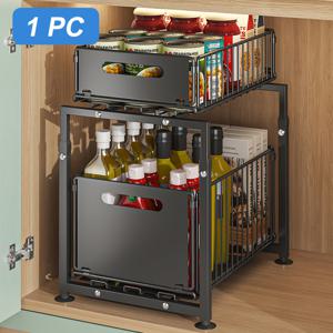 TEMU 1pc 블랙 & 화이트 풀아웃 캐비닛 드로어 조직자, 접착제, 드릴 없음 슬라이드 아웃 스토리지, 주방용, 내구성 있는 금속 구조, 향신료, 주방용품 및 더 많은 것을 위한 이상적인 조직자, 주방 캐비닛 조직자 및 스토리지
